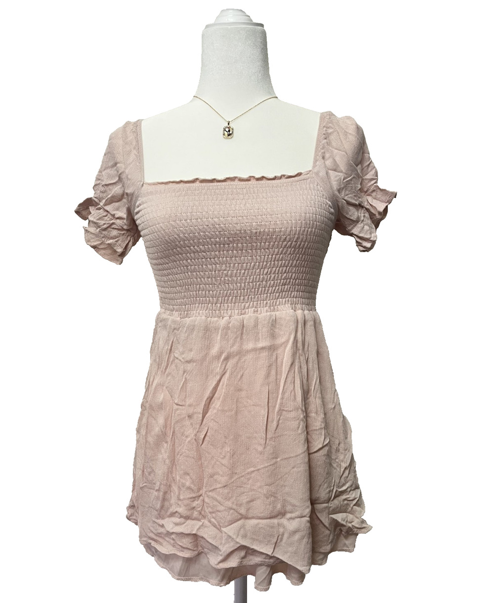 Juniors Girls Size 12 Pastel Pink Square Neck Shirt/Dress Short Sleeve Lined